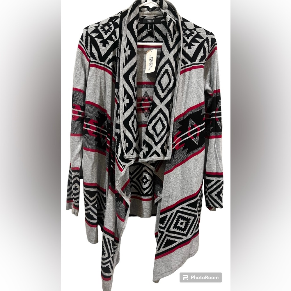 Forever 21 Women's Gray &Black Tribal Print Cardigan Sweater, Size S